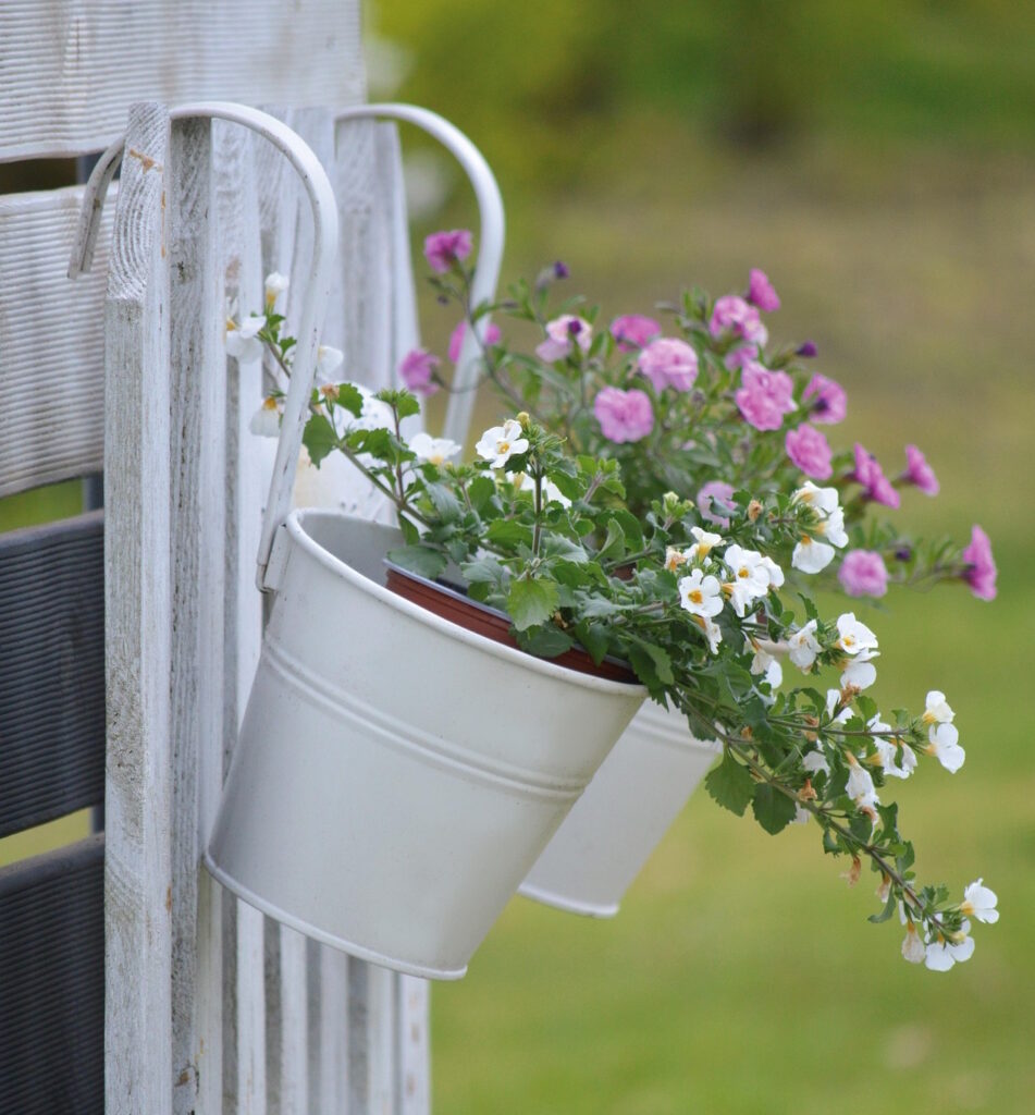 Das Foto zeigt kleine Blumenkübel an einem Zaun hängend