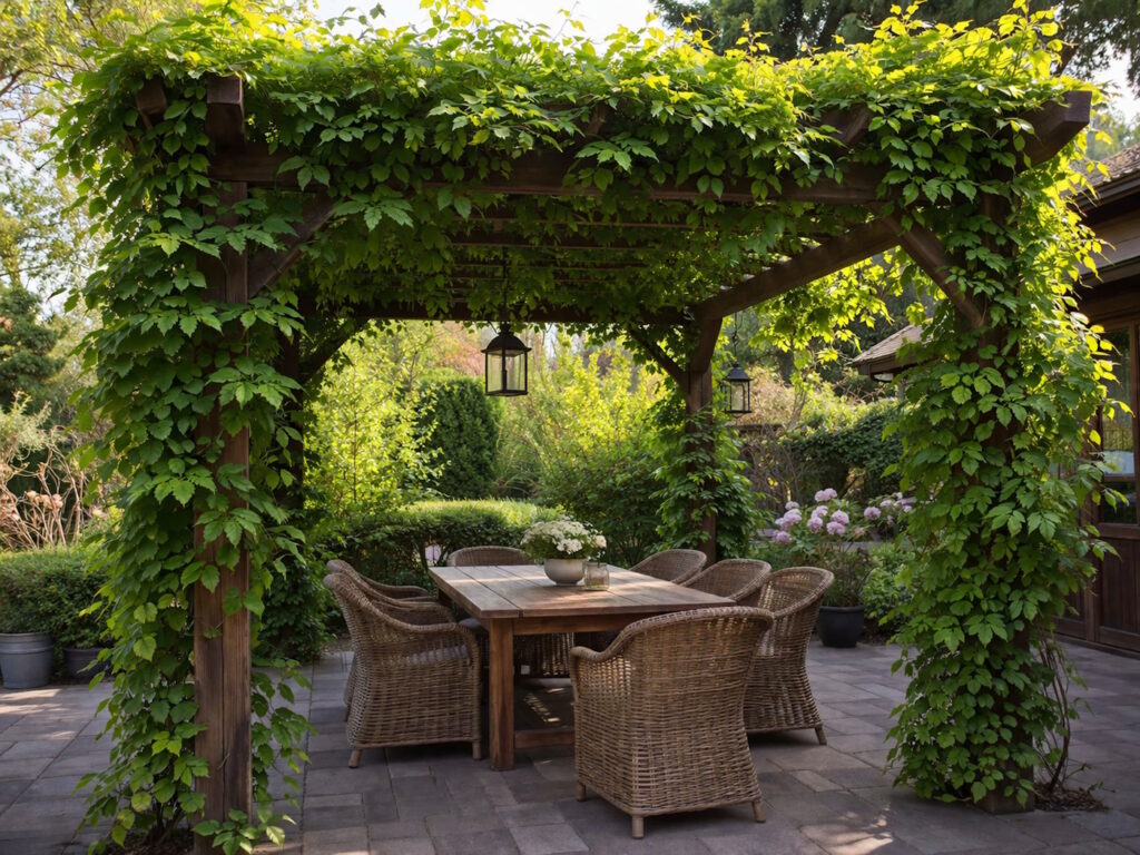 Das Foto zeigt eine begrünte Pergola