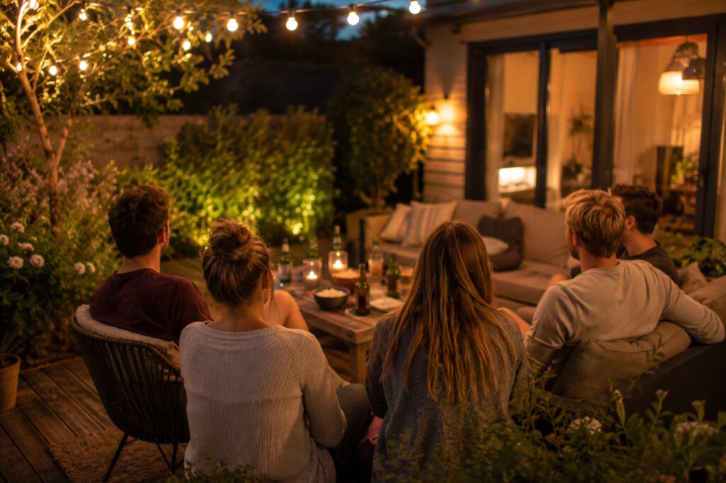 Das Foto zeigt Freunde die am Abend auf der Terrasse zusammen sitzen